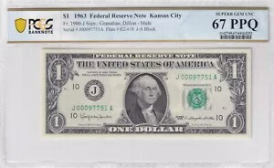 1963 $1 FRN カンザスシティ FR-1900 J PCGS スーパーブ ジェム UNC 67 PPQ ミュール
