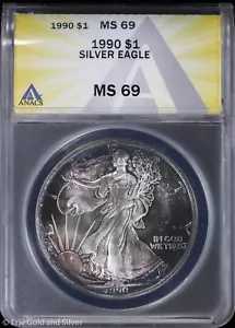 1990 $1 アメリカン シルバー イーグル ANACS MS 69 |トーン化された非流通 UNC BU
