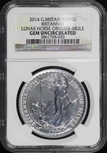 2014 イギリス GBP2 シルバー ブリタニア ルナ ホース 表側ミュール 1 オンス NGC 宝石 UNC