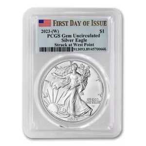2023-(W) $1 シルバー アメリカン イーグル PCGS GemUNC 発行初日フラッグ ラベル 1オンス
