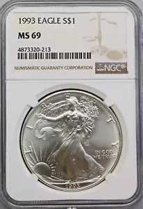 1993 $1 シルバー イーグル ドル NGC MS69 等級認定 UNC - 送料無料!