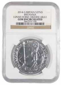 2014 イギリス GBP2 シルバー ブリタニア ルナ ホース 表側ミュール NGC ジェム UNC