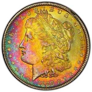 1889 P モルガン ドル PCGS UNC 詳細 リム ダメージ レインボー トーンの非常識な色