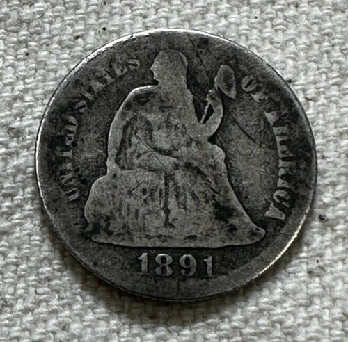 1891-S 着席自由の女神像 10セント硬貨 .900 銀貨 10セント 10 星なし 重量増加画像