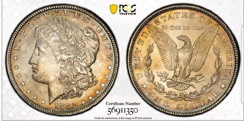 1882年 P US $1 モーガンシルバードル PCGS MS63-美しいトーニング-スラブ 1350-