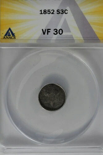 1852年 0.03 ANACS VF 30 スター&シールド 3セント (3C)ピース タイム-|WORLD RESOURCE【QUEEN店】