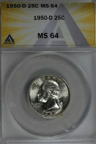 1950-D .25 ANACS MS 64 ワシントンクォーター、銀 25セント (0.25)|WORLD RESOURCE【QUEEN店】