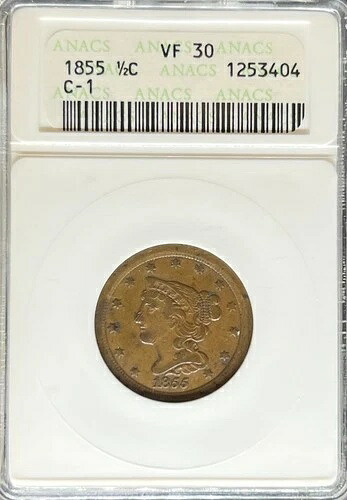 1855年製 編み込みヘア ハーフセント VF30 C-1 ANACS (PA#1253404)|WORLD RESOURCE【QUEEN店】