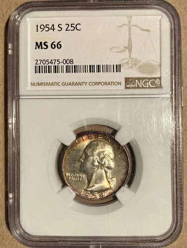 1954-S NGC MS66 ワシントン クォーター 25セント - 裏面トーン