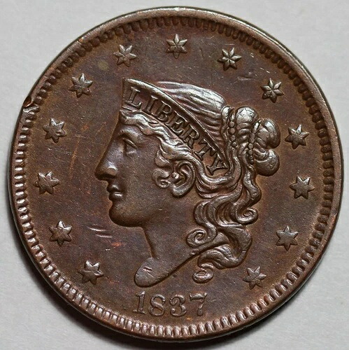 1837年コロネットヘッド大型セント、1838年米国1セント銅貨の頭部