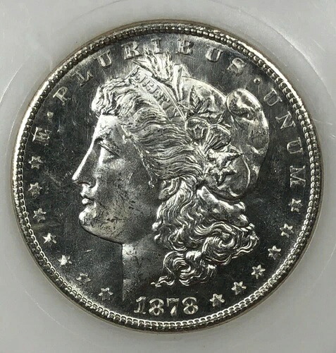 1878-S モルガン銀貨 1ドル。フロスティホワイト、シャープな打痕、プルーフ加工。