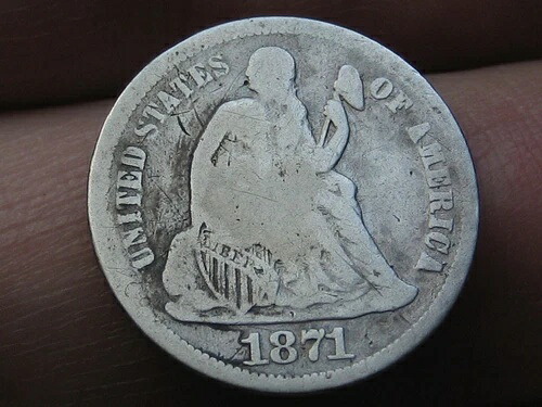 1871年 S シーテッド リバティ シルバー ダイム - サンフランシスコ、状態良好