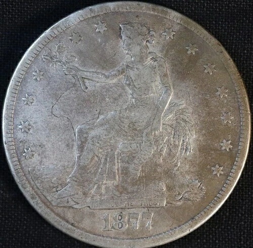 1877 年 S 貿易ドル 銀 1 ドル コイン - 使い古されているが、美しい!
