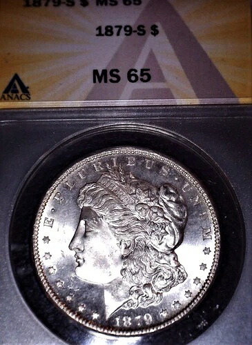 1879-S モルガン銀貨、MS65。ANACS、宝石グレード、発行なし