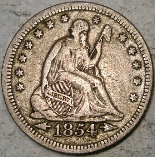 1854年 リバティ座像 シルバークォーター 希少 魅力的な中級品質
