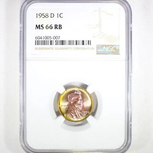 1958-D 1C NGC MS66RB トーン加工 - リンカーン・セント（裏面：小麦色）