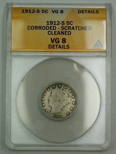 1912-S リバティ V ニッケルコイン 5セント ANACS VG-8 詳細 腐食あり クリーニング済み 傷あり