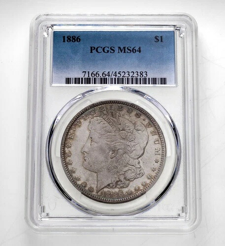 1886 年 1 ドル モルガン ダラー、PCGS により MS64 クール リバース トーニングと評価!