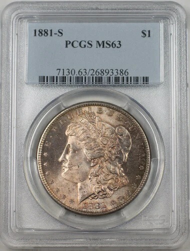 1881-S 米国モルガン銀貨 1ドル硬貨 PCGS MS-63 (BR-13 L)