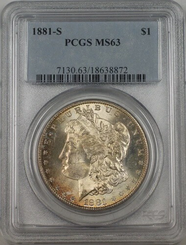 1881-S 米国モルガン銀貨 1ドル硬貨 PCGS MS-63 トーン (BR-13 I)