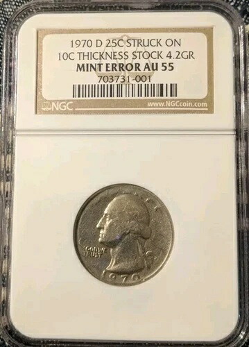 1970年 D 25セント硬貨、10セント硬貨の厚さ4.2 Gr NGC AU 55に刻印