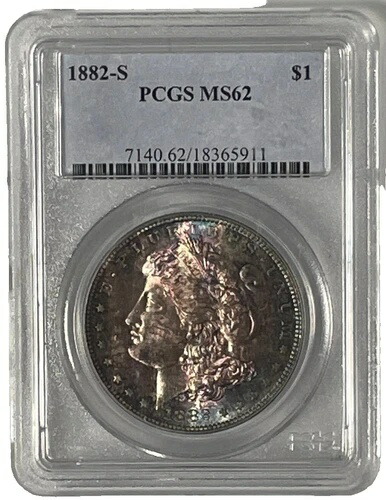 1882-S PCGS MS62 1ドル モルガン銀貨 優れたレインボートーン画像