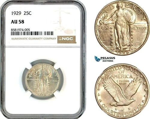 AL110、アメリカ合衆国、スタンディング・リバティ・クォーター（25セント）1929年、銀貨、NGC AU58