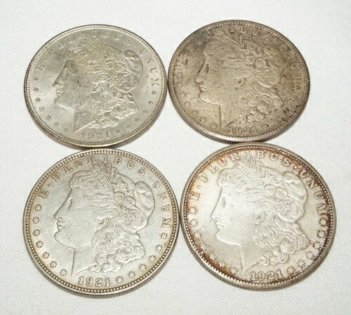 1921年米国流通1ドル銀モルガンドル硬貨4枚（KiL）