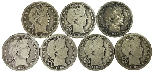 (7) 1894年 O シルバー US バーバー ハーフドル 50セントコイン 流通ロット
