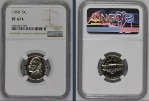1950年 ジェファーソン ニッケル 5セント NGC、PF 67 STAR、NGC POP 23