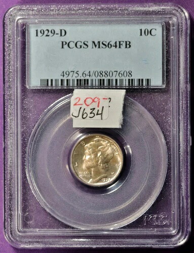 1929年製マーキュリー・ダイム。PCGSホルダー入り。MS 64FB。j634