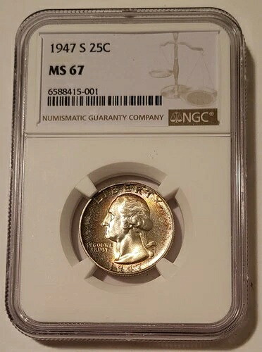 1947年 S ワシントン クォーター MS67 NGC 表面良好な色調