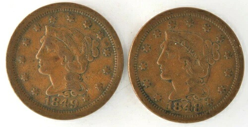 1848年と1849年の編み込みヘアのリバティヘッドの大型セント米国銅ペニーコイン2枚セット