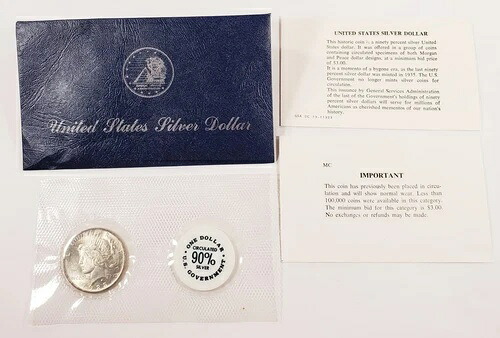 1923年 1ドル銀貨平和ドル GSAソフトパック封筒とCoA付き