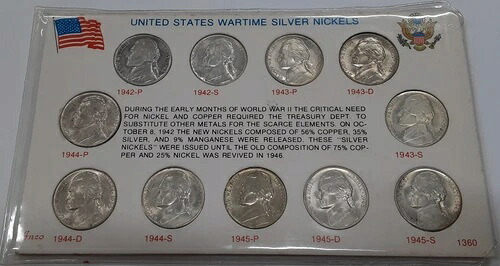 1942-1945年 シルバーウォーニッケルセット - インフォメーションホルダー入りコイン合計11枚 - ほとんどがUNC