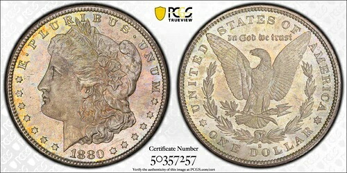 1880年-S PCGS MS65 モーガンシルバー $1 レインボートーン -ナイスラスター-