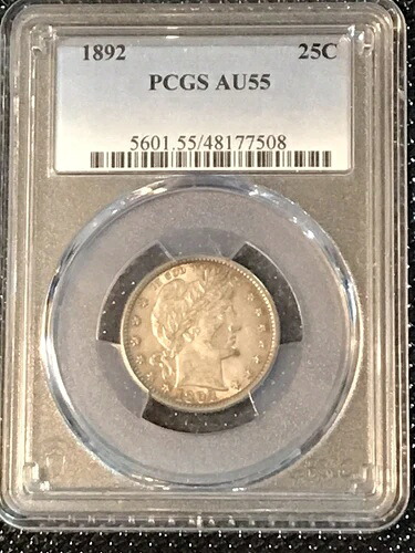 1892年 バーバー クォーター PCGS AU55 **多少の色あせあり**
