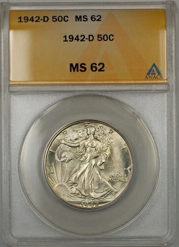 1942年-D 歩く自由の女神シルバーハーフドル 50c ANACS MS 62 (より良いコイン)-