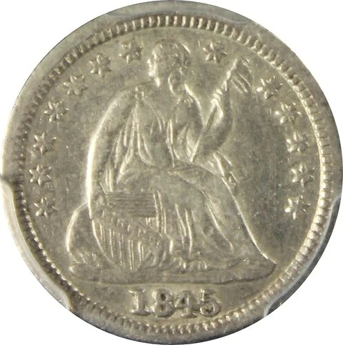 1845年 XF45 座像ハーフダイム、PCGS 56055284、再打ち抜きダブルデイト（RPD）、FS-302