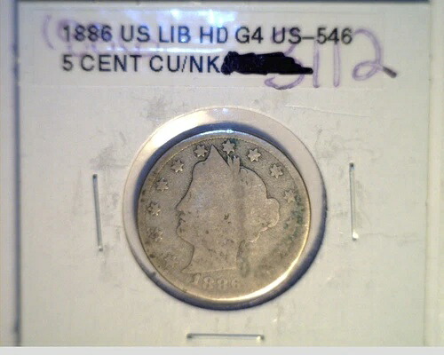 1886年米国リバティヘッド「V」ニッケル、平均円形グレード、Cu/Nk（US-546）