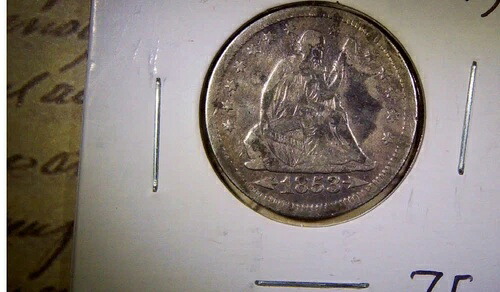 1853年 アローズ・アンド・レイズ クォーター ? XFコンディション ? 紫色のトーンが施された着席自由の女神像