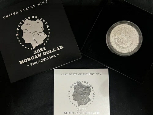 フィラデルフィア造幣局発行の2021年 P モルガン銀貨（OGPおよびCOA付き）