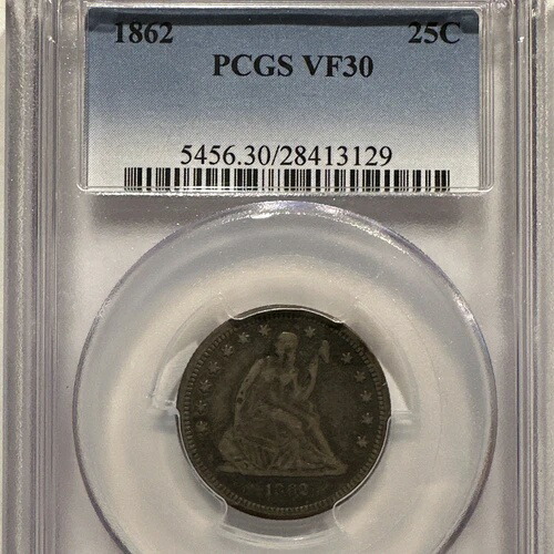 1862年 P PCGS VF30 シルバー シーテッド クォーター 25セント オールドブルーホルダー 少量発行 932,00