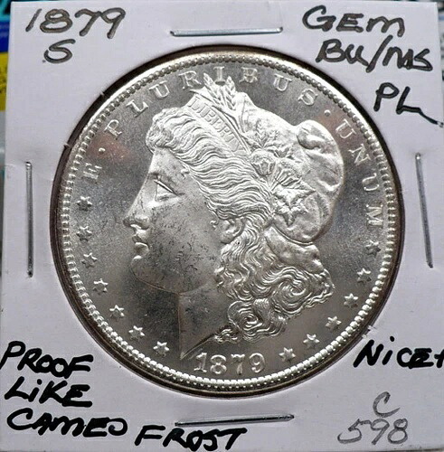 1879-S モルガン 1ドル銀貨、ジェム BU/MS、カメオプルーフ風、NICE+ C598