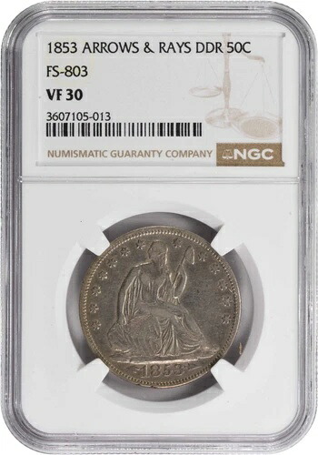1853年 自由の女神像 シルバーハーフドル 矢と光線 FS-803 VF30 NGC
