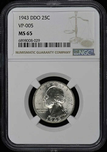 1943年 DDO ワシントン クォーター VP-005 25C NGC MS65
