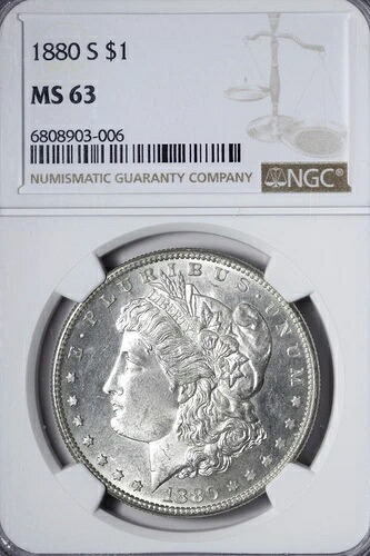 BU 1880-S モルガン銀貨 NGC MS63 ライトトーニング QUIFM