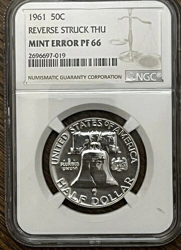 1961年 プルーフ フランクリンエラーコイン リバース ストラックスルー PF66 NGC 50c 1/2 ドル-