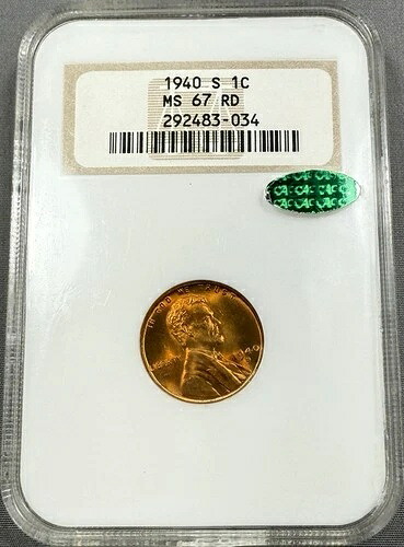 1940-S リンカーン・ウィート・セント・ペニー 1セント - NGC MS67RD CAC - オールド・ファッティ・ホルダー