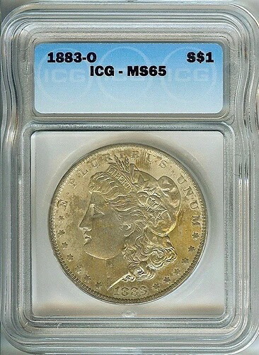 1883-O モルガン銀貨（1ドル）、ニューオーリンズ造幣局、銀90%、ICG、MS-65